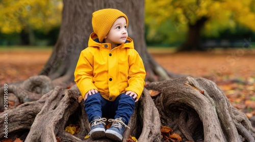 A young child in a yellow jacket and hat sits thoughtfully on large tree roots in an autumn park.