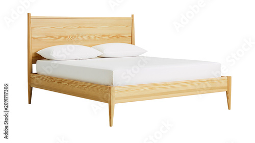 Fotografi Light wood bed frame with two white pillows, isolated on transparent background