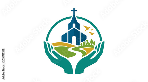Cuadro en lienzo a logo with a church and hands.