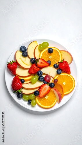 Assorted Fruits Arranged on a White Plate Against a Light Blue Background