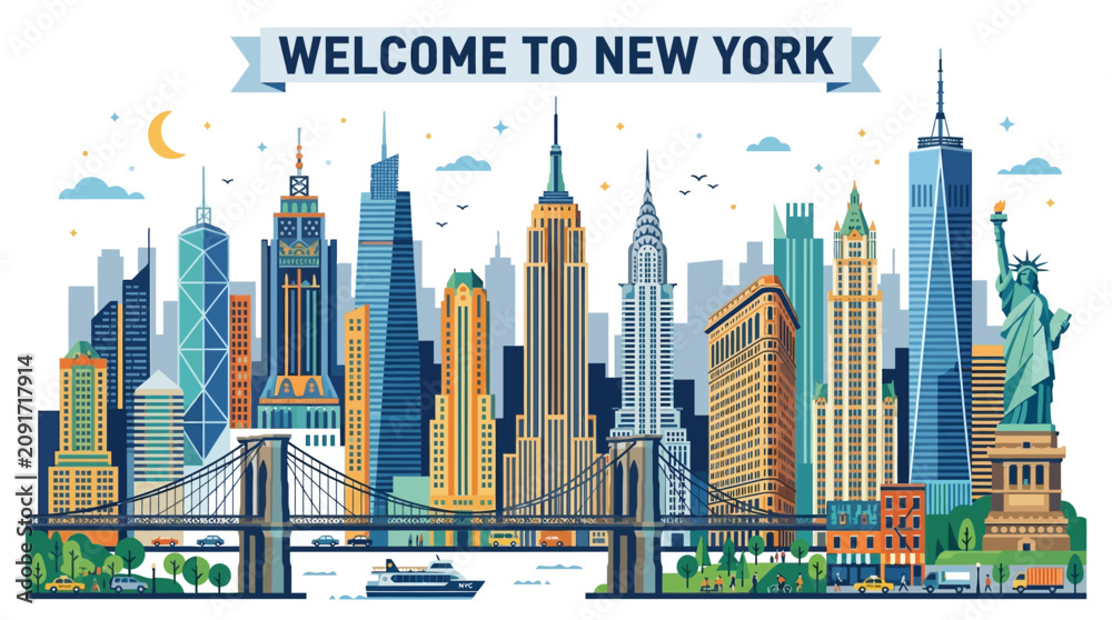 Obraz premium New York City Skyline - Iconic Landmarks & Brooklyn Bridge Illustration