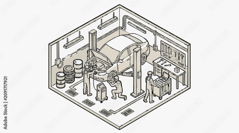 Obraz premium Minimalist Black and White Line Drawing of a Busy Auto Repair Shop with Mechanics Working on a Car