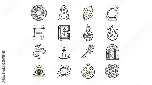 Photography Collection of Mystical Symbols and Esoteric Icons in Black and White Line Art St