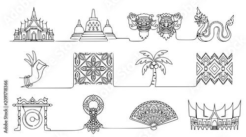 Bild auf Leinwand Southeast Asian Culture Icons: Temples, Masks, Naga, Gong, Fan, Hand