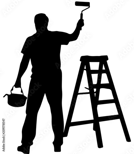 Black silhouette of a male painter holding a paint roller and bucket standing next to a stepladder for home renovation and decorating services