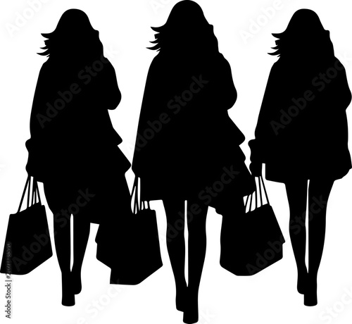 Fotografie Vector Silhouette Illustration of Three Women Walking and Carrying Shopping Bags