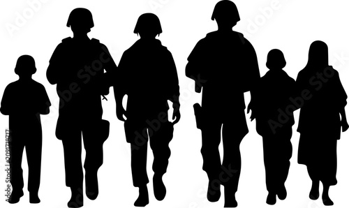 Konstfotografi Black Silhouette of Soldiers and Civilians Walking Together in a Conflict Zone V