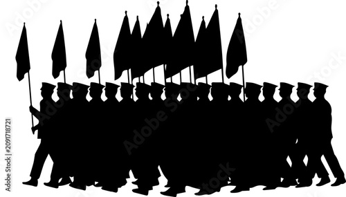 Obraz na plátně Black Silhouette of a Group of Soldiers Marching with Flags in a Parade