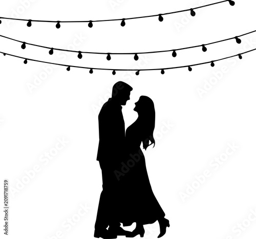 Silhouette of Romantic Couple Dancing Under String Lights Vector Illustration
