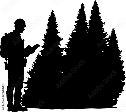 Foto Black Silhouette of a Hiker or Forest Ranger with a Map Standing by Evergreen Tr