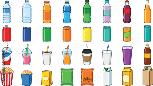 Beverage packaging collection, drink bottles cans cups and snack containers set, colorful vector illustration, isolated white background