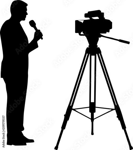 Fotografía Black Silhouette of a News Reporter with a Microphone and a Professional Video C