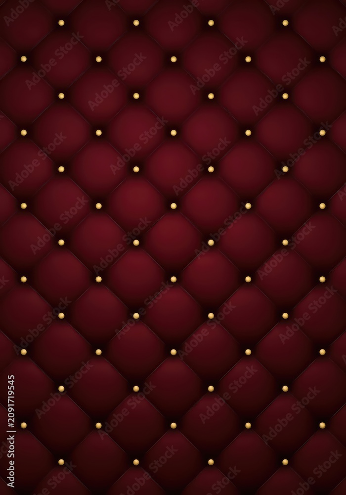 Obraz premium Luxury Dark Red Burgundy Tufted Leather Texture Background with Gold Buttons for Elegant Interior Design