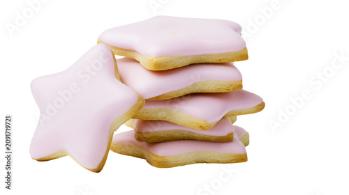 Stack of star-shaped sugar cookies with pink icing, isolated on transparent background