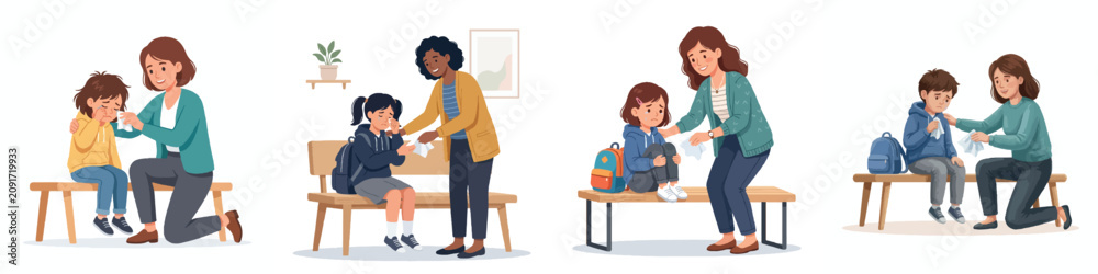 Obraz premium Diverse teachers and caring adults comforting upset school children on benches to provide mental health support and emotional care