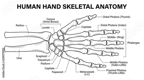 Foto Human Hand Skeletal Anatomy Diagram with Labels - Bones, Wrist, Phalanges