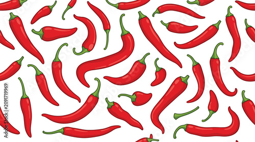 Bild auf Leinwand Red chili pepper seamless pattern, spicy vegetable food background illustration,