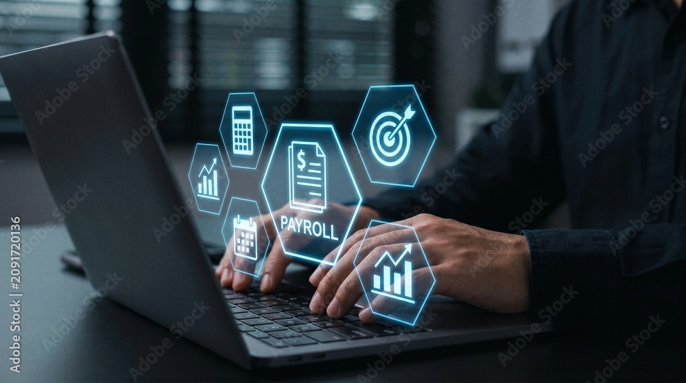 Fototapeta premium Professional typing on laptop with glowing virtual payroll and financial icons. Concept of digital accounting, human resources software, salary payment, and modern corporate financial management.