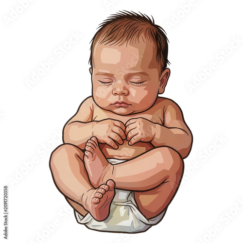 Sleeping Baby Curled in Diaper Transparent Background