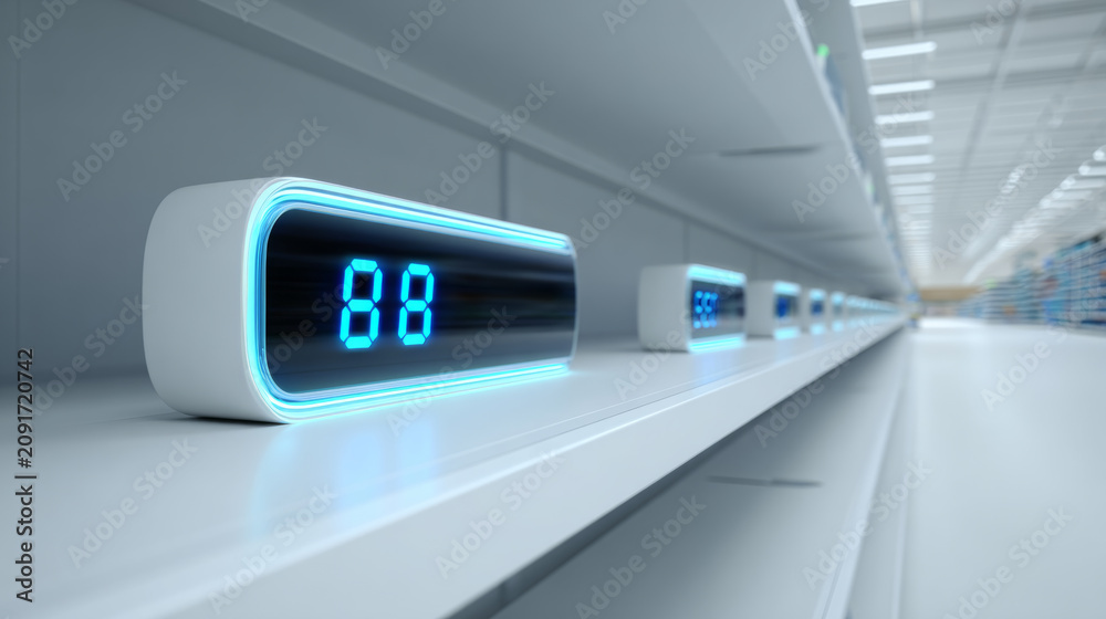 Fototapeta premium Neatly arranged blue digital electronic clocks in a row