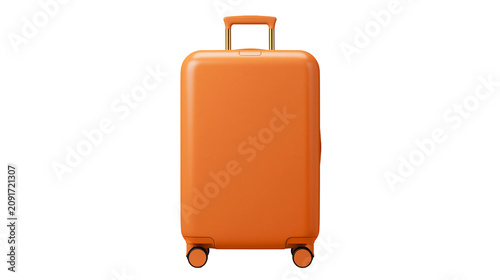 Canvas Print Bright orange modern suitcase with golden handle, isolated on transparent backgr