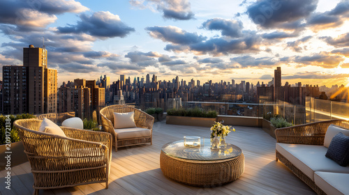 Modern rooftop terrace with wicker furniture at sunset overlooking city skyline