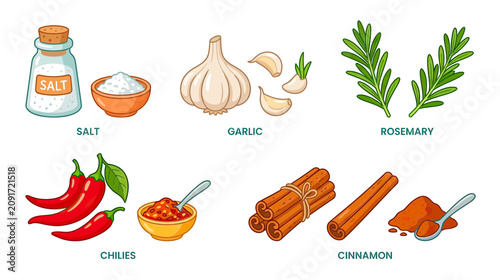 Fotografie Variety of Spices and Herbs: Salt, Garlic, Rosemary, Chilies, Cinnamon