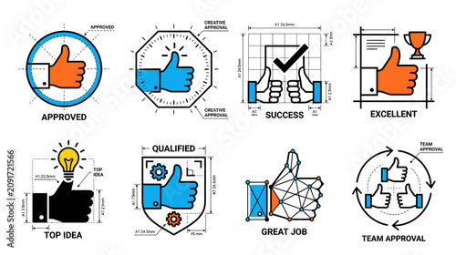 Quadro su tela Thumbs Up Icons: Approval, Success, Top Idea, Great Job, Excellent, Qualified, T