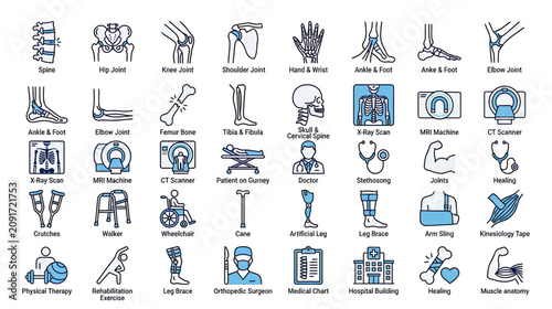 Bild auf Leinwand Orthopedic Medical Icons Set: Skeleton, Joints, Bones, Muscles, Therapy, Surgery