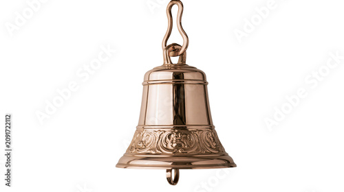 Obraz na plátně Ornate polished bronze bell with decorative engravings, isolated on transparent