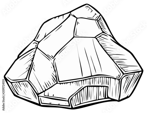 Faceted crystal gemstone or mineral rock in a hand drawn vintage woodcut style illustration