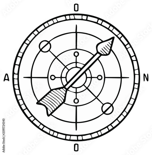 Outline Compass Illustration with Arrow and Cardinal Directions Showing North