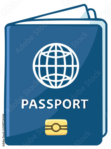 Blue passport with globe symbol and chip for international travel and identification