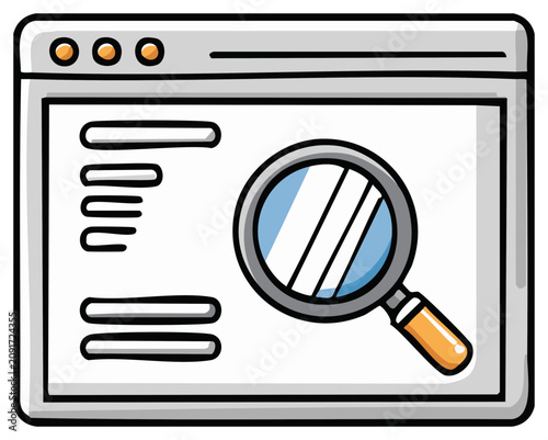 Magnifying glass over web page data with search bar illustration