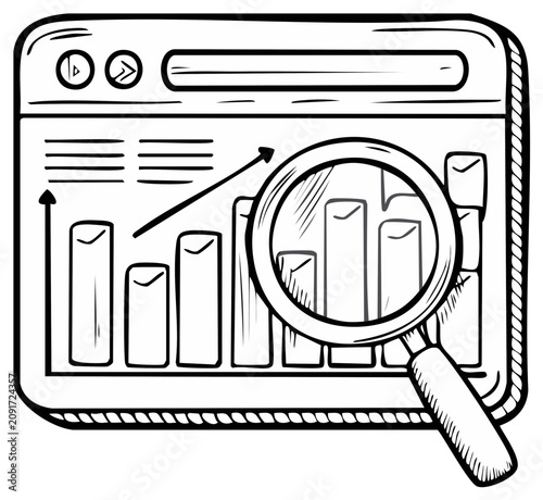Online Dashboard with Data Chart, Magnifying Glass, and Arrow Diagram
