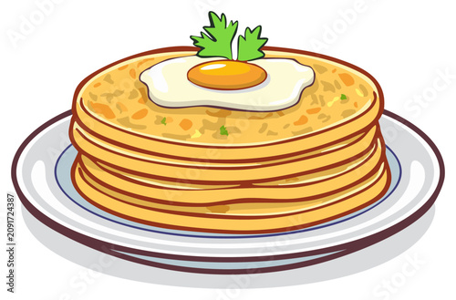 Cartoon illustration of a savory pancake stack with a fried egg and green garnish