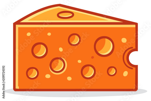 Simple illustration of a triangular slice of Swiss cheese with round holes and an orange rind