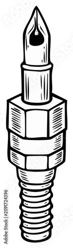 Stylized hand drawn illustration of a fountain pen nib and threaded shaft