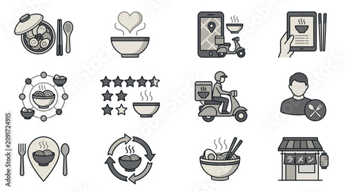 Ramen service and restaurant logistics icon collection.