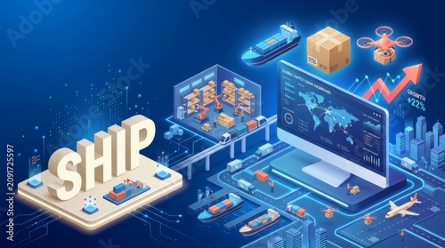 Isometric illustration of a shipping strategy on a laptop with boxes and drones