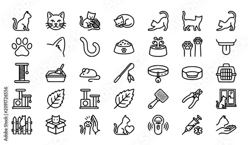 Schilderij op canvas Cute cat outline icons collection | Kitten pet feline playful editable stroke il