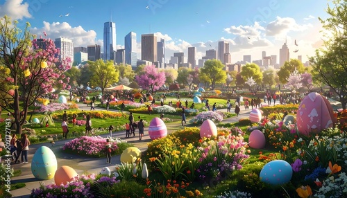 Easter Egg Celebration in a City Park with Skyline