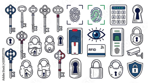 Foto Security Icons: Keys, Locks, Fingerprint, RFID, Eye, Camera, Keypad