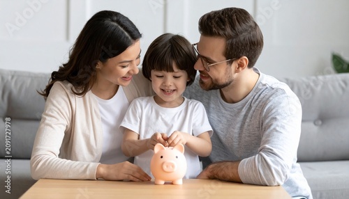 Bild auf Leinwand Happy Family Teaches Child About Saving Money with a Piggy Bank