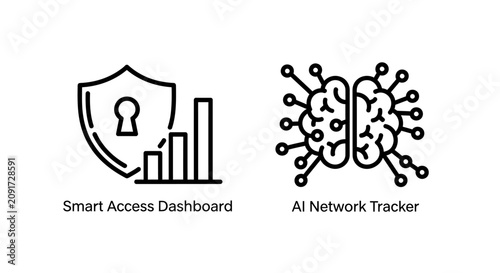 Smart access dashboard and AI network tracker icons with dashboard, artificial