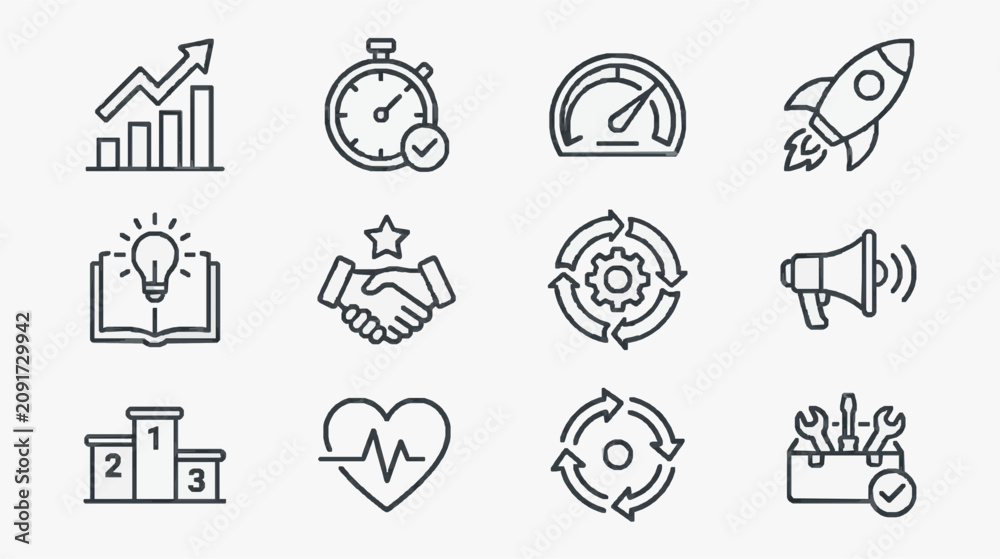 Fototapeta premium Professional Black and White Line Icons Set Featuring Business Growth Innovation Health and Success Concepts