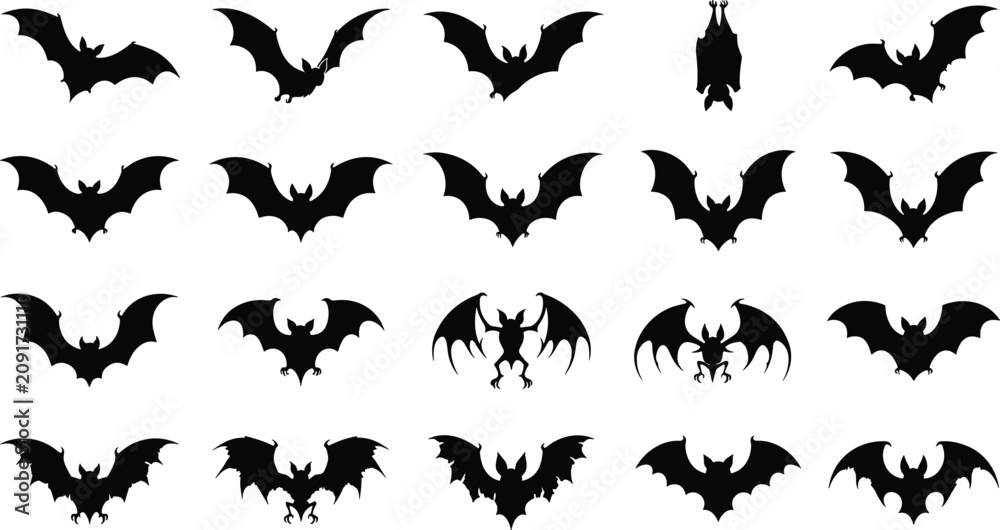 Fototapeta premium Halloween Bat Silhouette Clipart Bundle with Flying Bat Shapes for Spooky Seasonal Designs