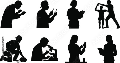 Black silhouettes of professionals performing science, medicine, and technical tasks including research, analysis, measurement, and laboratory work illustration