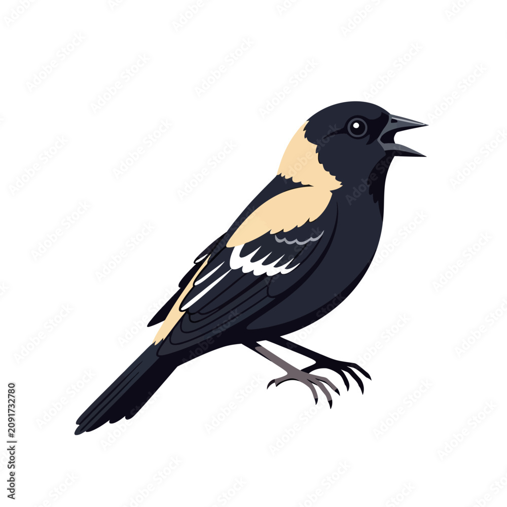 Fototapeta premium Blackbird with Yellow Patch on Wing, Singing, Isolated on White Background