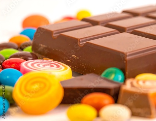 Assorted Chocolates and Colorful Candies Displayed on a White Surface